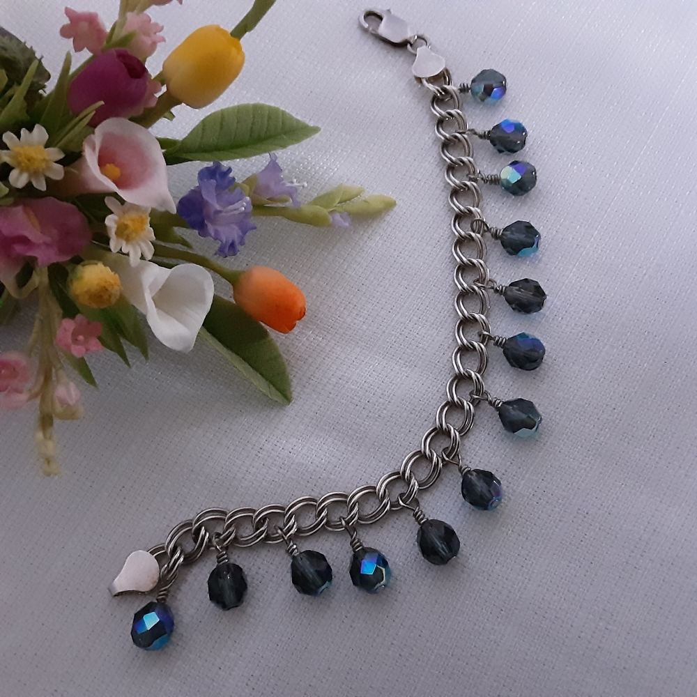 Double Link Sterling Silver Bracelet with Iridescent Faceted Glass Beads